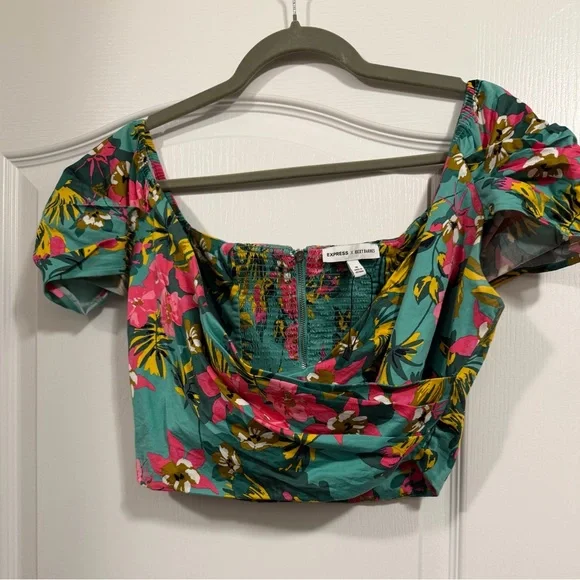 Express Teal Floral Puff Sleeve Crop Top - Picture 6 of 8